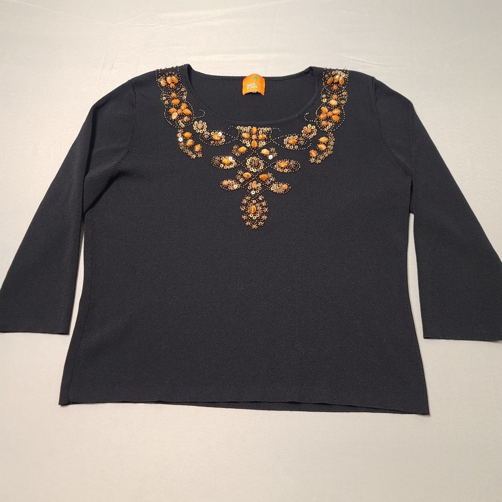 Vintage Y2K Hearts of Palm Beaded Embellished Black Top Boho Glam 3/4 Sleeve